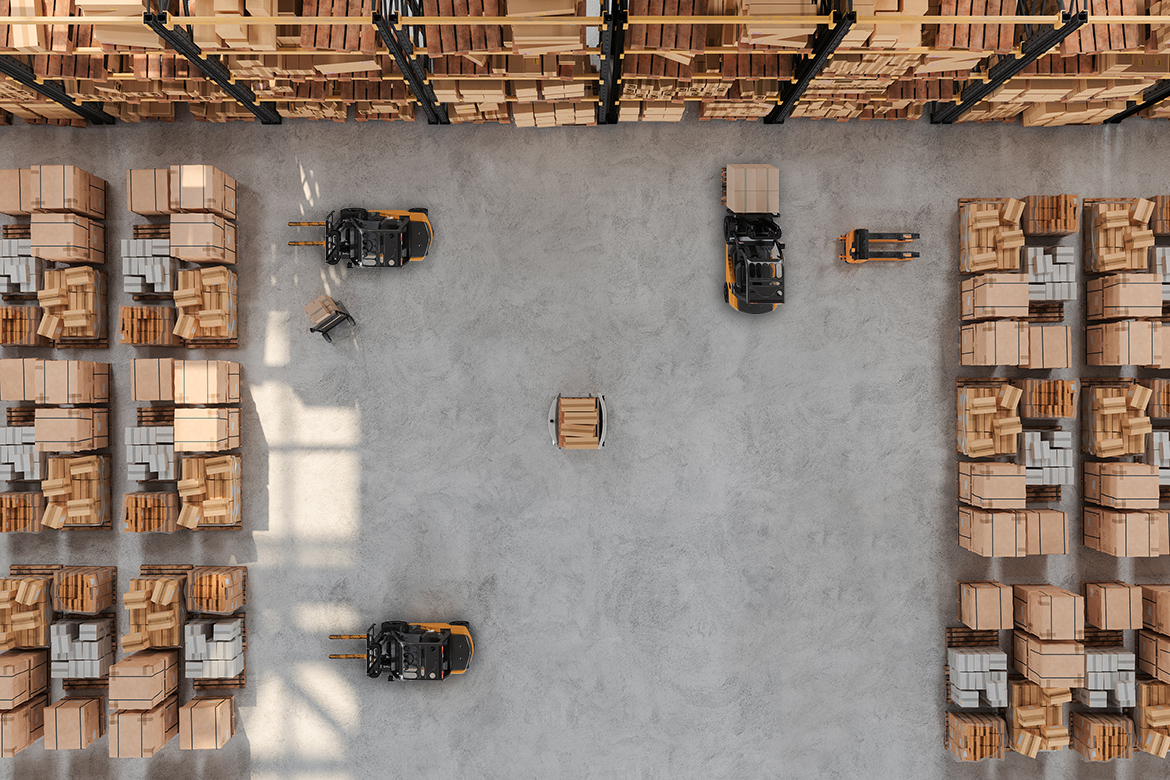 High Angle View Of Warehouse With Forklift, Pallet, AGV And Cardboard Boxes